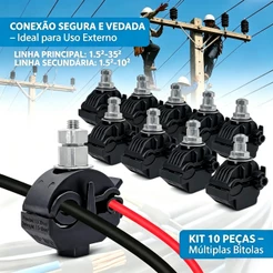 Kit 10 Peças Conector Perfurante 15 a 35mm², Derivação 1,5 a 10mm², Vampiro Morcego Piranha Pirceng Tipo CDP