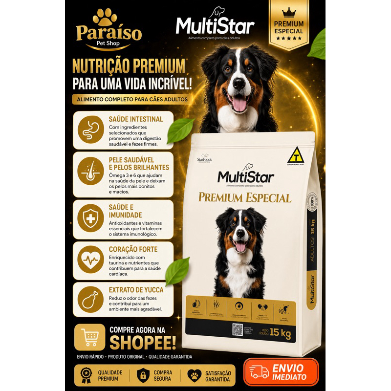 MultiStar Ração Premium Especial Adultos 15kg | Com Ômega 3 e 6 | ⚠️Envio de apenas 1 pacote por pedido ⚠️