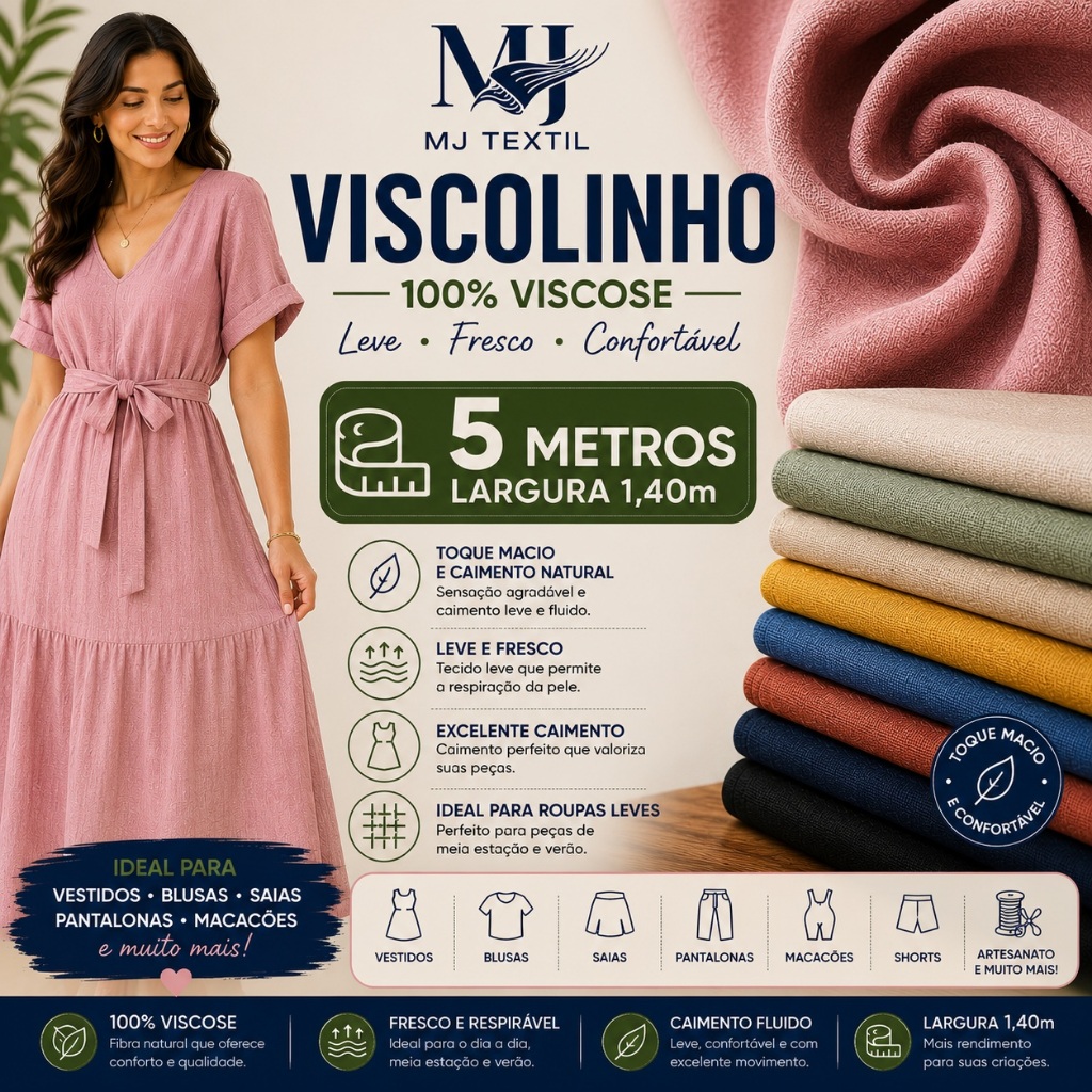 5 Metros Tecido Viscolinho 100% Viscose | Leve, Fresco e Ideal para Vestidos, Blusas e Moda Verão | 1,40m Largura
