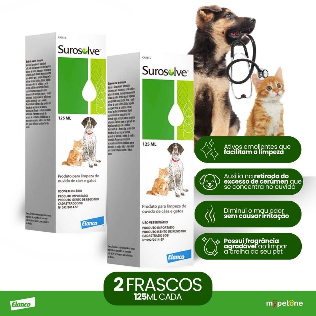 Kit 2 Surosolve Líquido Elanco Limpeza Auricular para Cães e Gatos - 125 mL