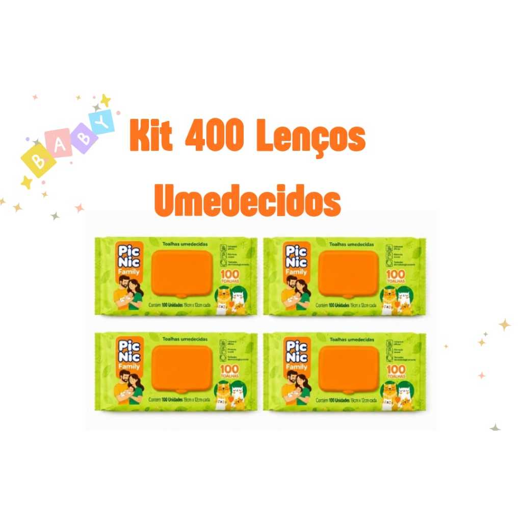 Kit 4 Pacotes Toalhas Umedecidas Pic Nic 400 Folhas Com Tampa  Lenço Umedecido Hipoalérgico