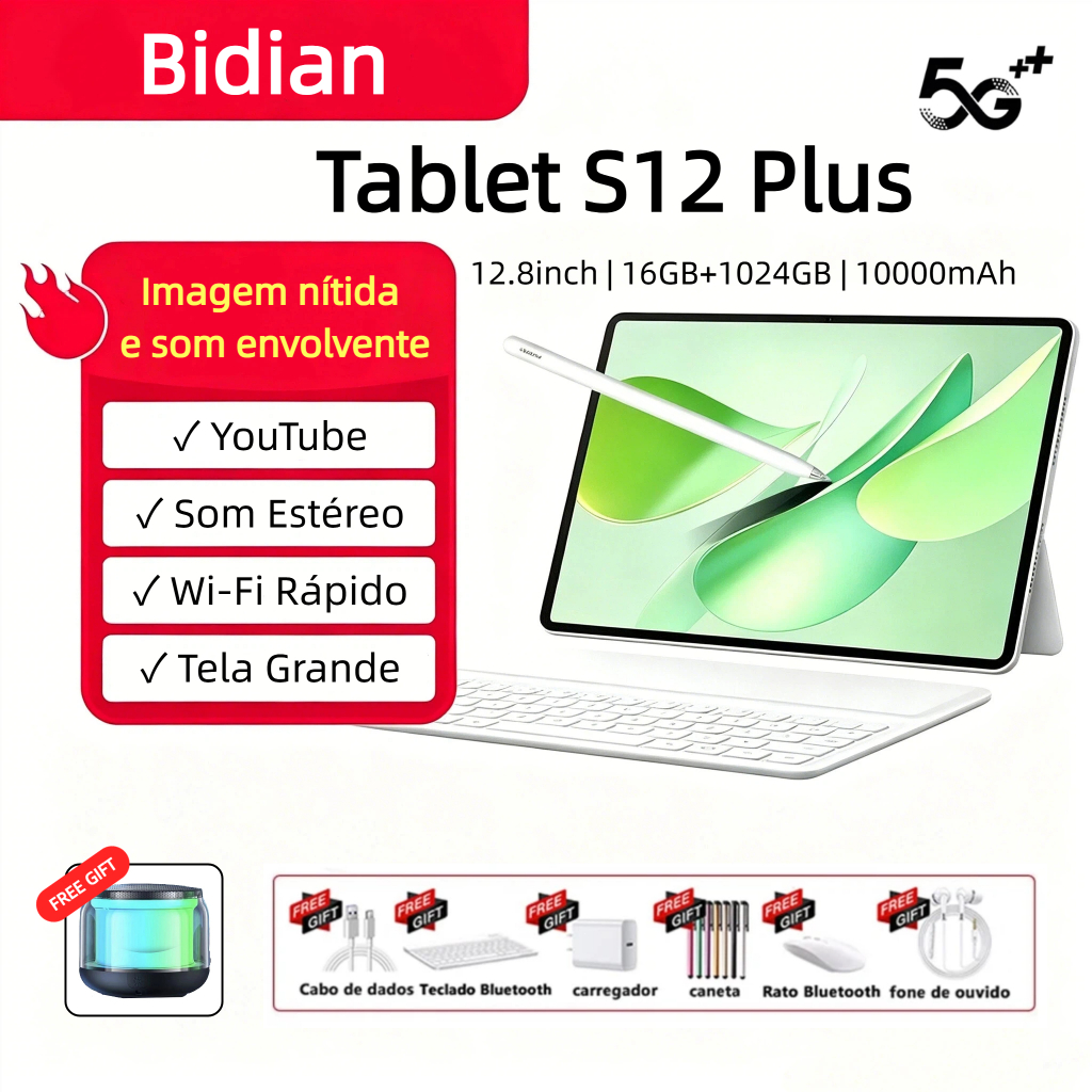 Tablet S12 Plus Tab 16GB+1024GB 12.8-Inch Large Screen Android Dual SIM WiFi Keyboard Mouse Pen Bluetooth Cover FHD