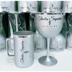 Kit de 10 taças gin + 10 canecas chopp fosco com borda metalizada.
