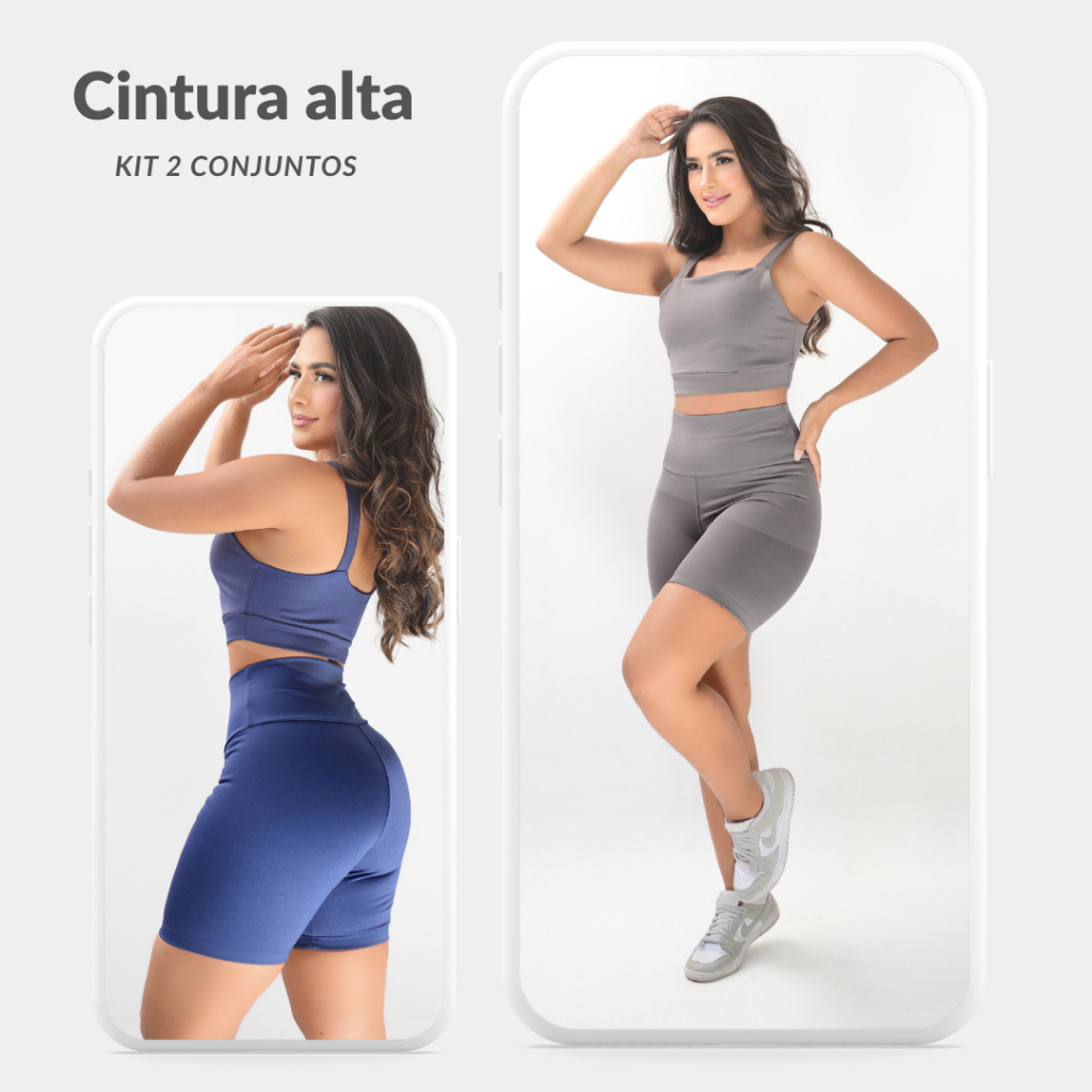 KIT 2 CONJUNTO FITNESS SHORT E TOP FEMININO CINTURA ALTA ALTA COMPRESSÃO MODELADOR ZERO TRANSPARÊNCIA ACADEMIA