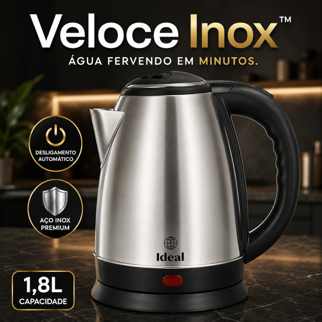 Chaleira Elétrica Veloce Inox™ 1,8L 1000W Aço Inoxidável, ferve rápido, Desligamento Automático 127V Aquecimento Rápido