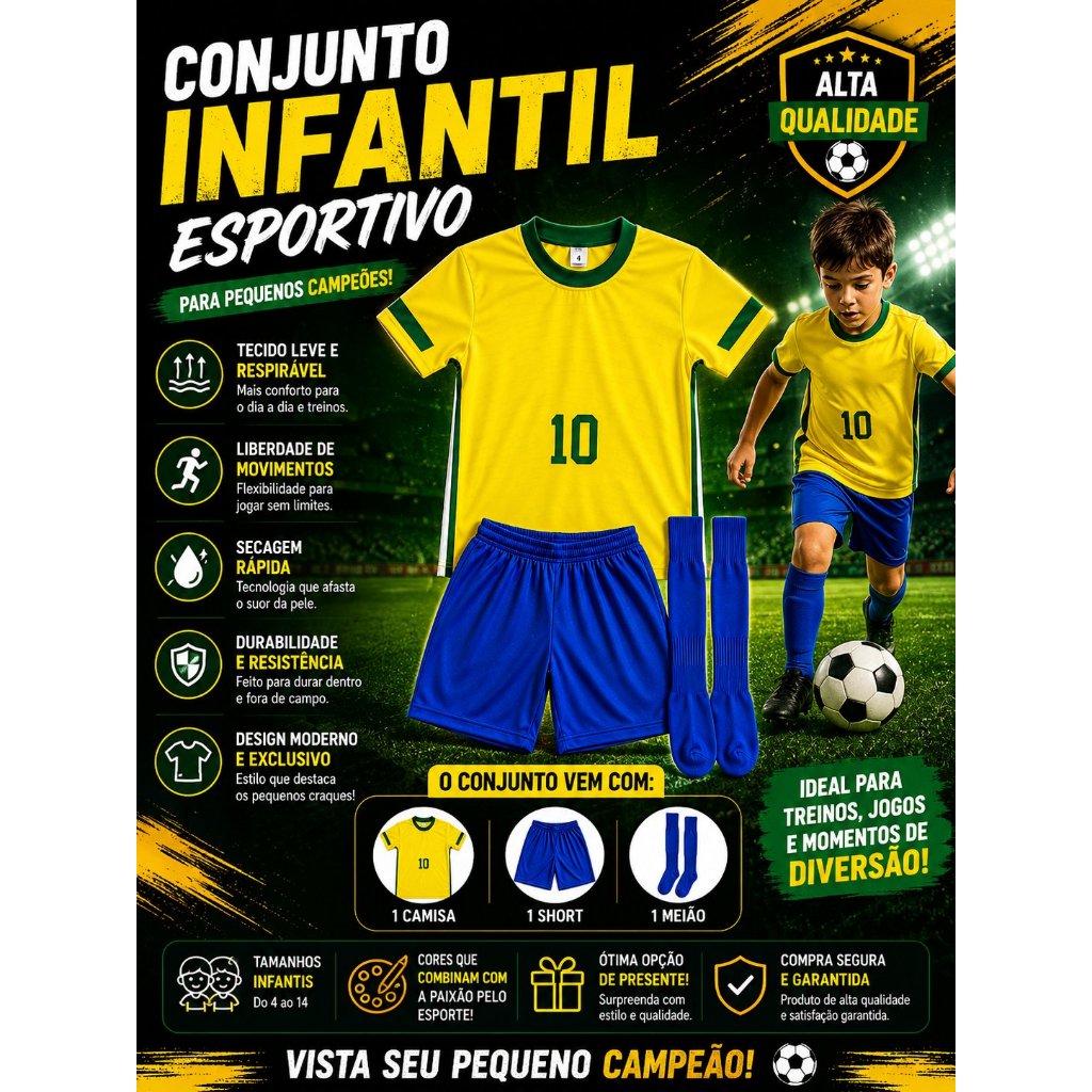 Conjunto Infantil Esportivo Camisa + Short + Meião Times Nacionais e Internacionais