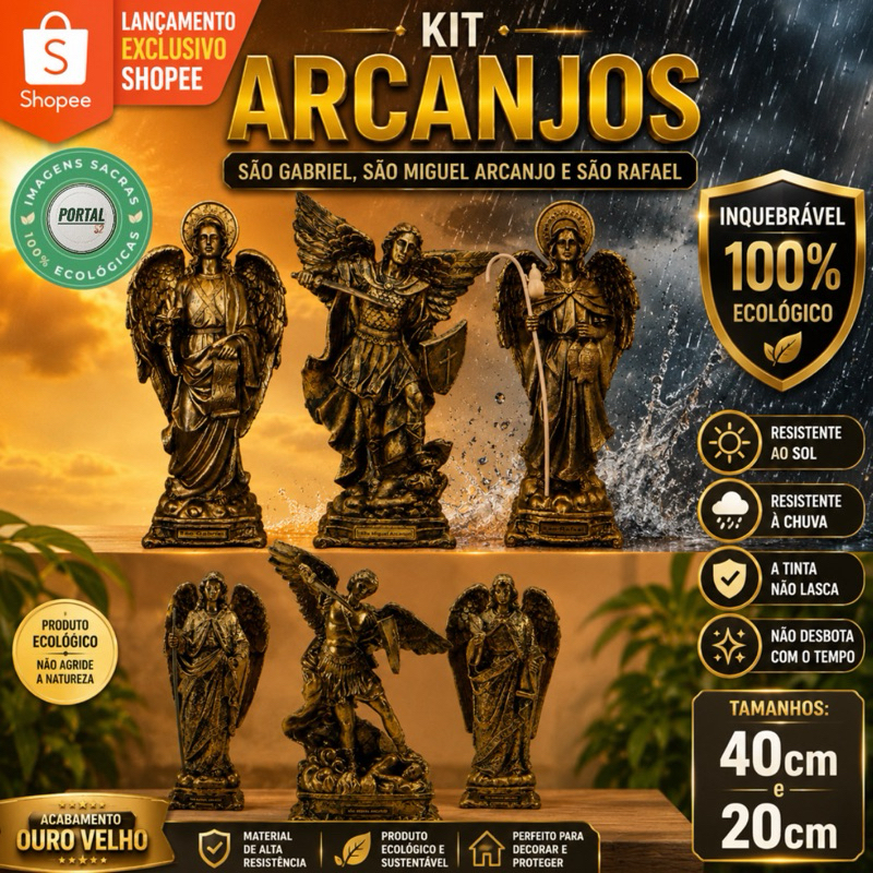 Kit Os Três Arcanjos Ouro Velho 40cm e 20cm São Rafael e São Miguel Arcanjos e São Gabriel inquebrável borracha