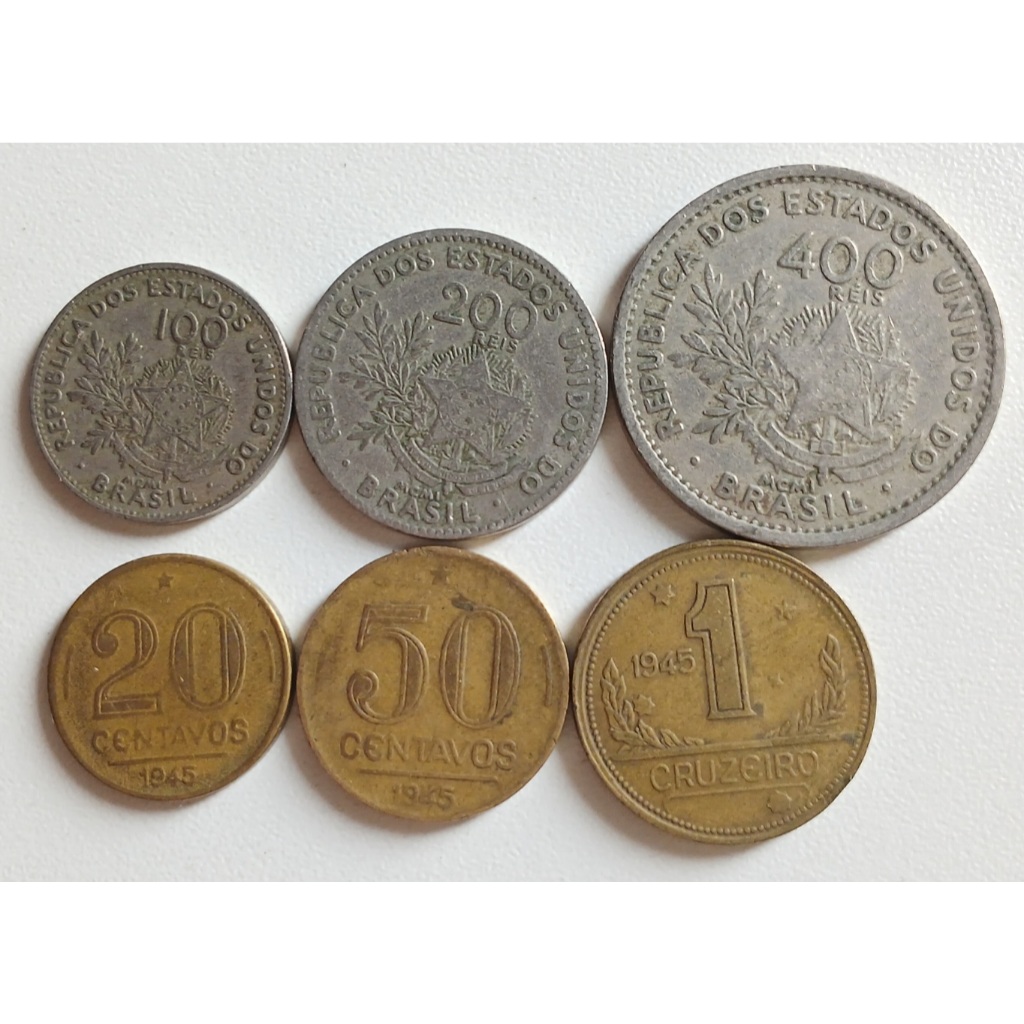 6 Moedas 100, 200, 400 Réis 1901 + 20, 50, 1 cruzeiro 1945.