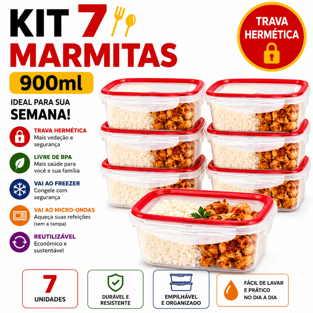 Kit 7 Marmitas 900ml Fitness Semana Trava Hermética Freezer Microondas Reutilizável - Bandeirante