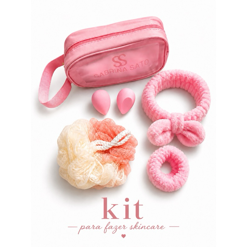 kit Cuidados para fazer skincare necessáire faixa para maquiagem, faixa de pulso, 2 esponjas, bucha de banho