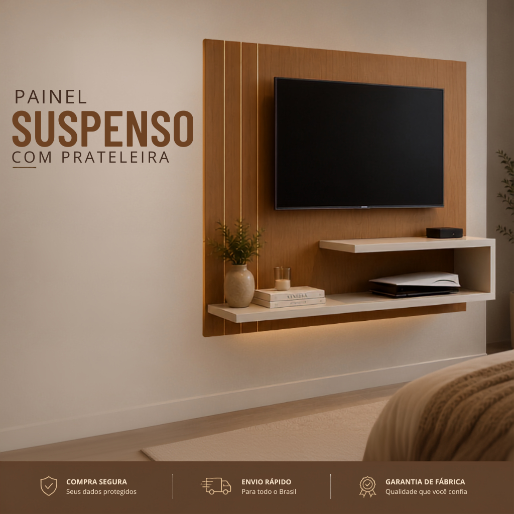 Painel Home Suspenso Veneza Para TV Até 48 Polegadas Com Prateleiras  Moderno