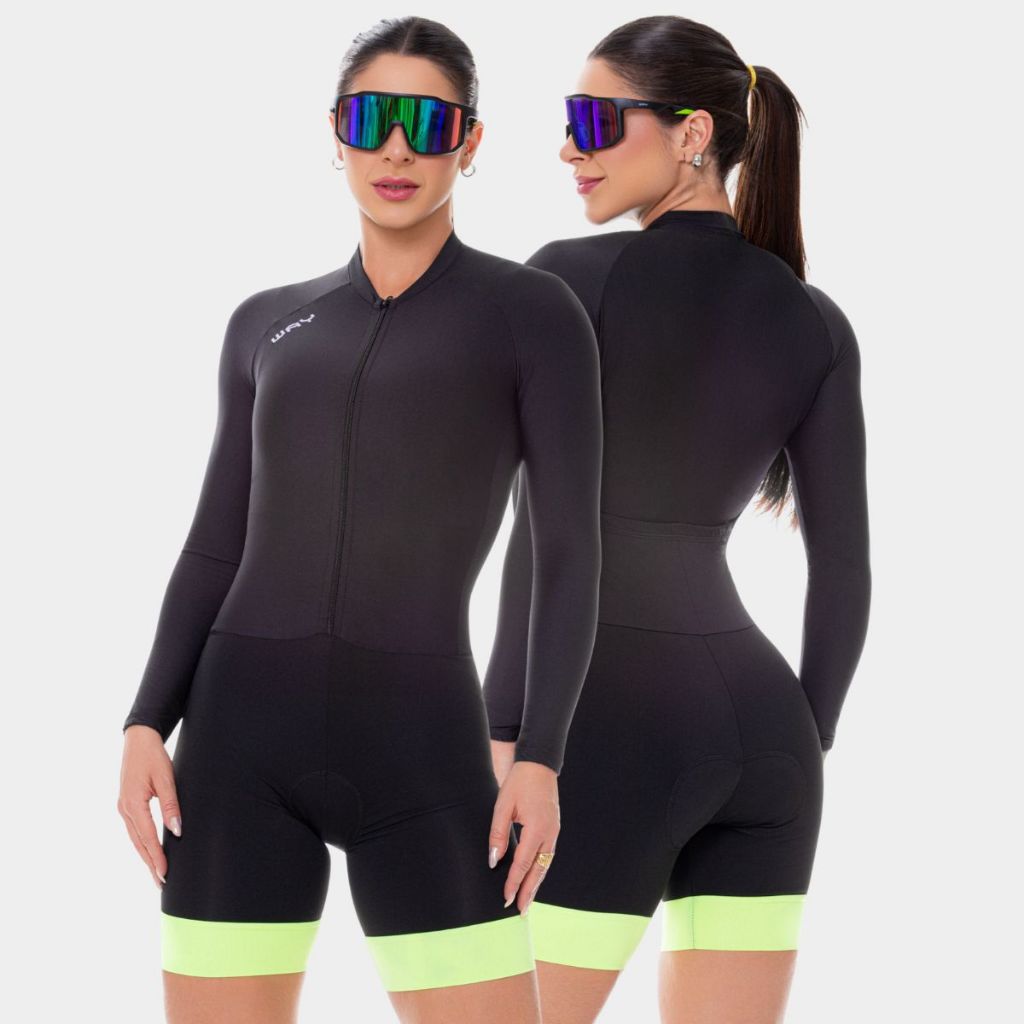 Macaquinho Ciclismo Feminino Macacão Manga Longa Forro Gel Way Fresh Preto Verde