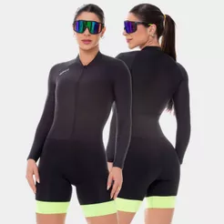Macaquinho Ciclismo Feminino Macacão Manga Longa Forro Gel Way Fresh Preto Verde Roupa Bike MTB