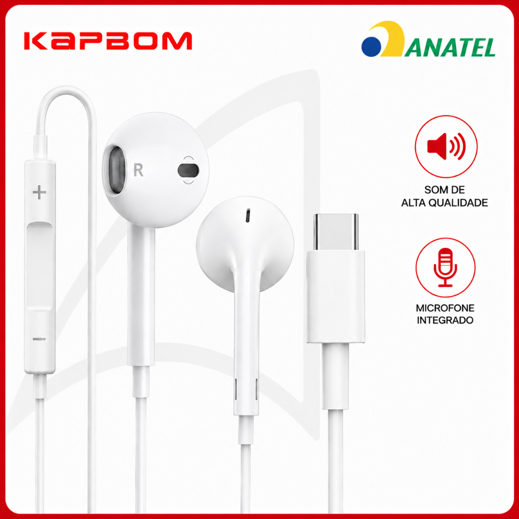 Fone de Ouvido Tipo C Com Fio Celular Stereo Original Kapbom