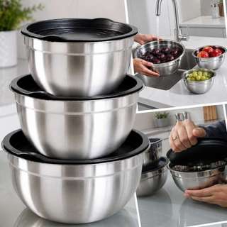 Conjunto Bowls de Inox Tigela com Tampa 3 Pças