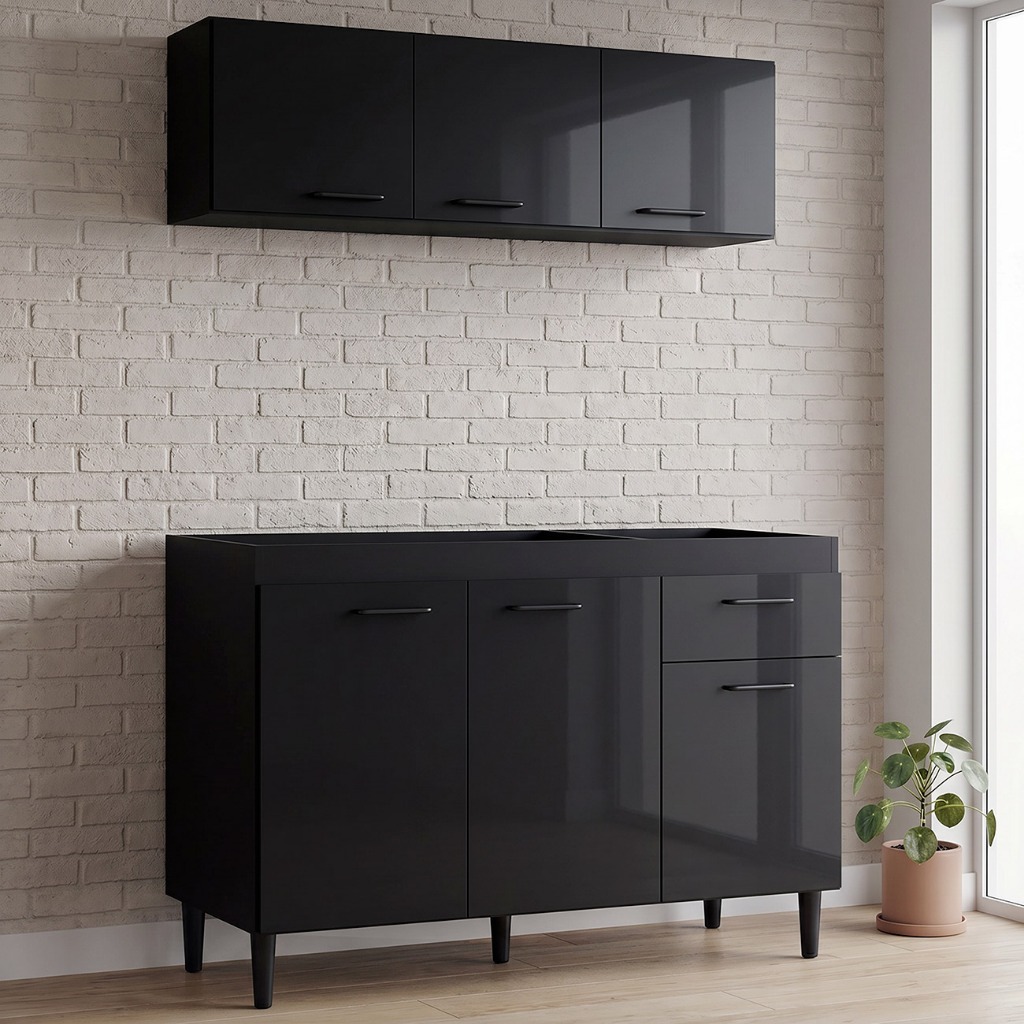 Armário Aéreo com Balcão Gabinete de Pia 120cm sem Tampo Classic P11 Preto - Mpozenato