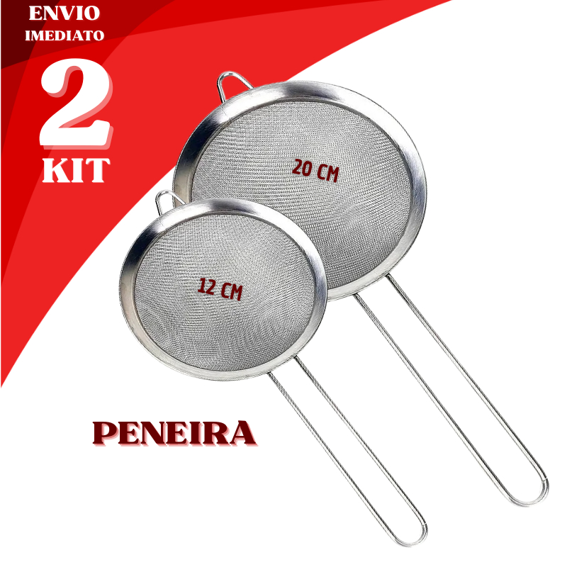 Kit 2 Peneiras 12 e 20CM Inox Profissional Coar Farinha Açúcar Café Suco Chá Tela Fina Resistente
