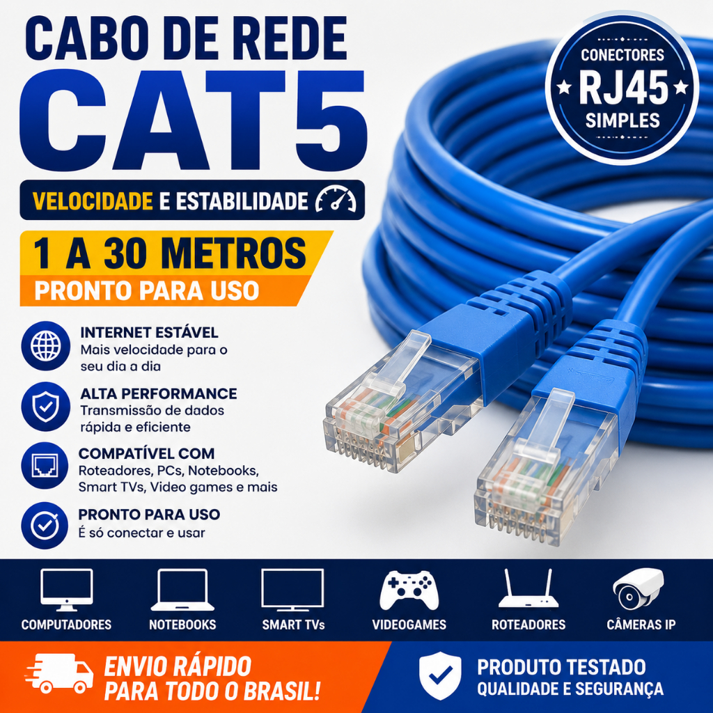 Cabo De Rede CAT5 RJ45 Internet Roteador Smart TV PC Notebook Vídeo Game 1 3 5 10 15 20 30 Metros