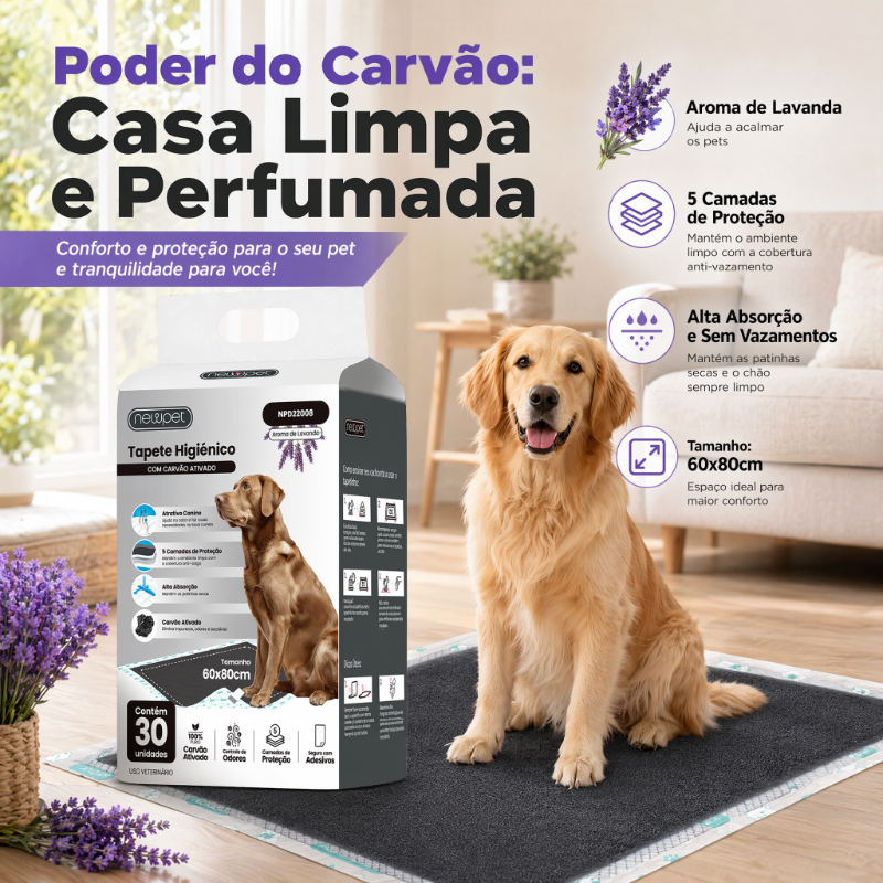 Tapete Higiênico Cães Carvão Bambu Ativado Aroma Lavanda 30 Unidades Absorvente Anti Odor Tamanho 60x60cm / 80x60cm