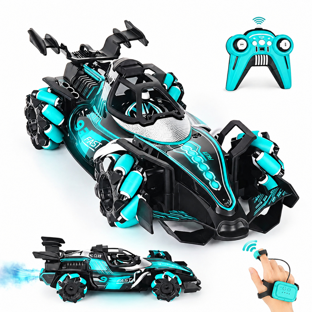 Carrinho Controle Remoto 2.4G Recarregável F1 Sensor Gestos Duplo Drift 360 Spray Fumaça Luz Alta Velocidade Brinquedo