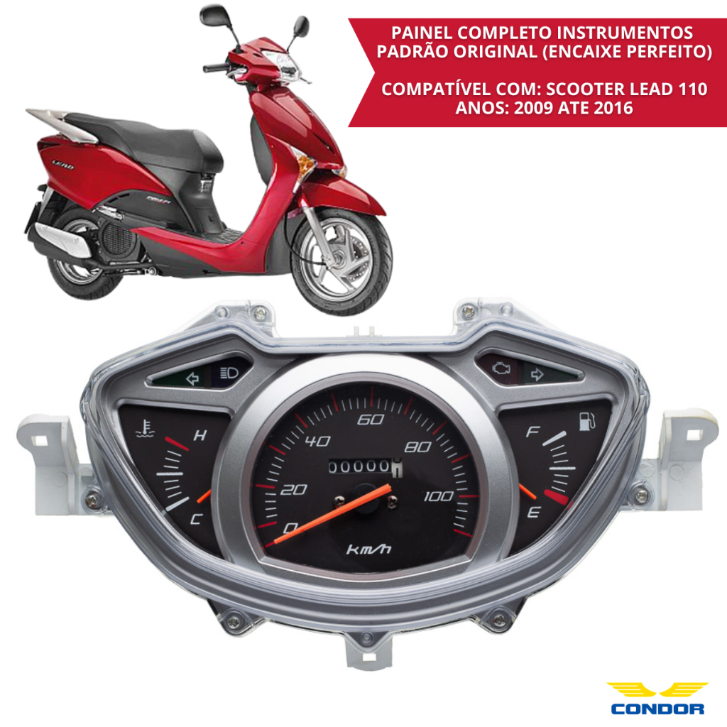 Painel Completo Lead 110 Condor Instrumentos Velocímetro Hodômetro Marcador Combustível Compatível Honda Lead 110