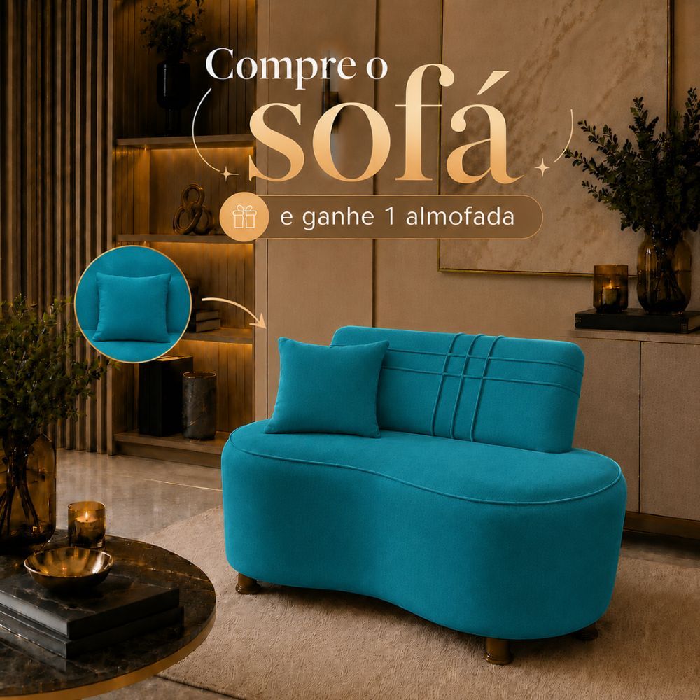 Sofá Curvo Seokjin Luxo Confort Compacto 1 Metro - Com Almofada Estofado Tecido Suede Azul Turquesa