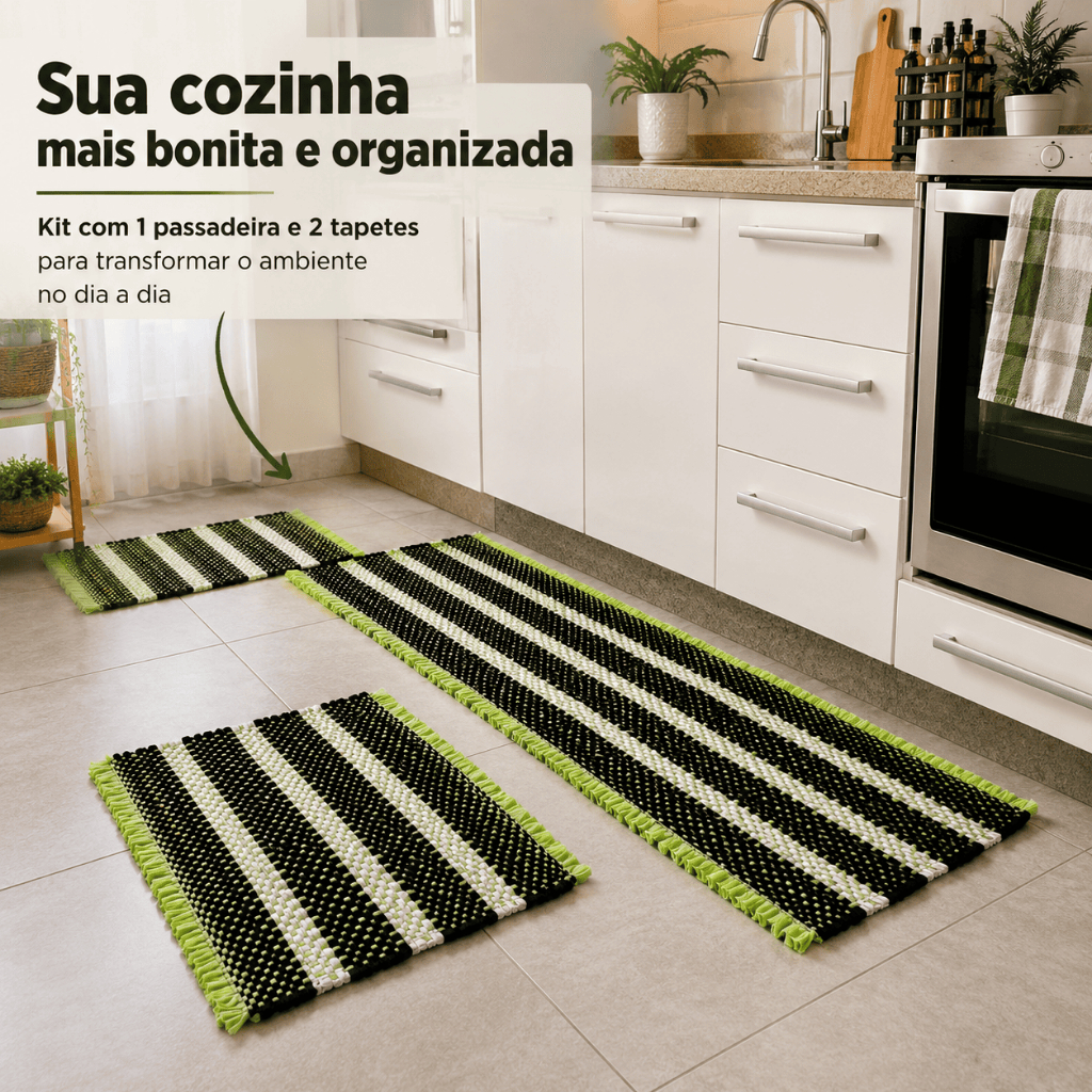 Jogo de Tapete Tear Artesanal para Cozinha Kit 3 Peças