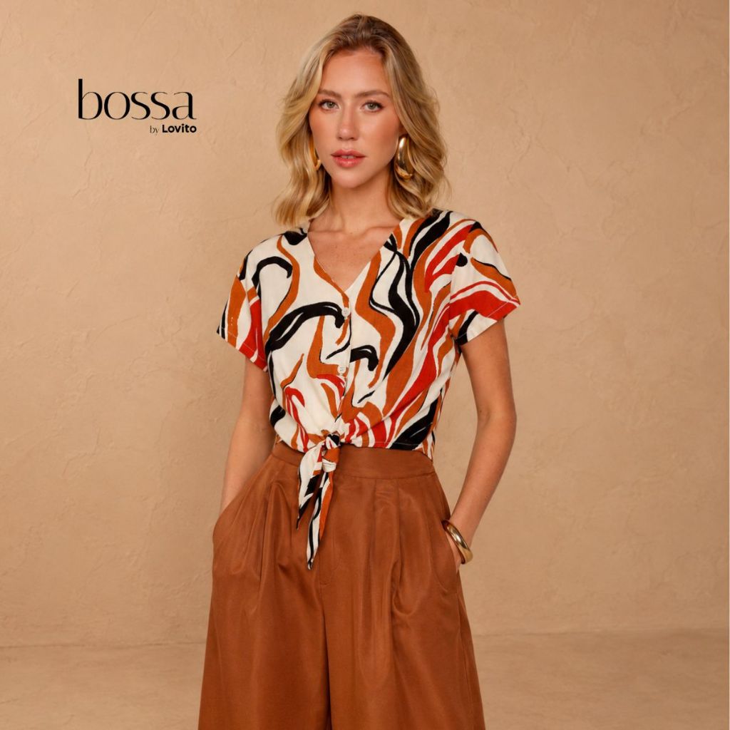 Lovito Bossa Blusa Estampada Em Viscose Com Abotoamento e Amarração BLB17191749
