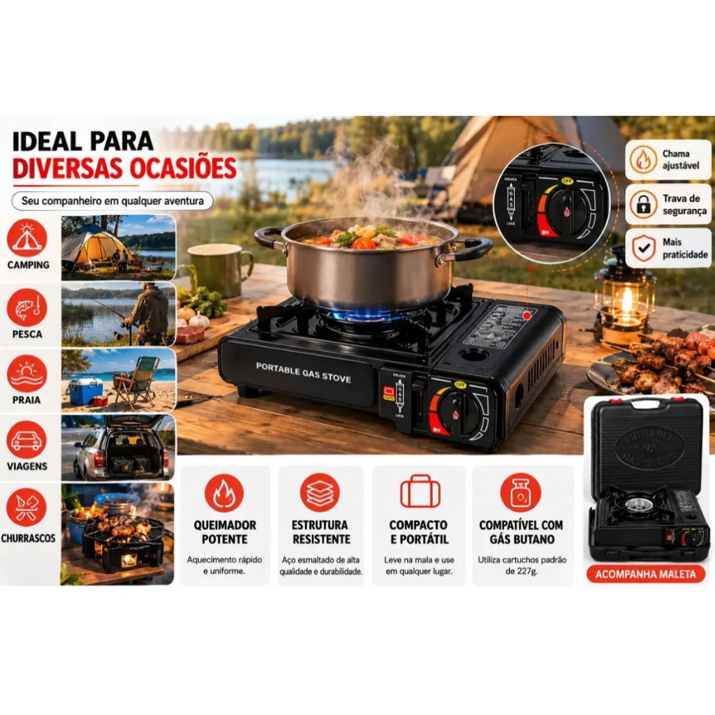 Fogão Fogareiro Portátil Camping Acendedor Automático Gás Com Maleta