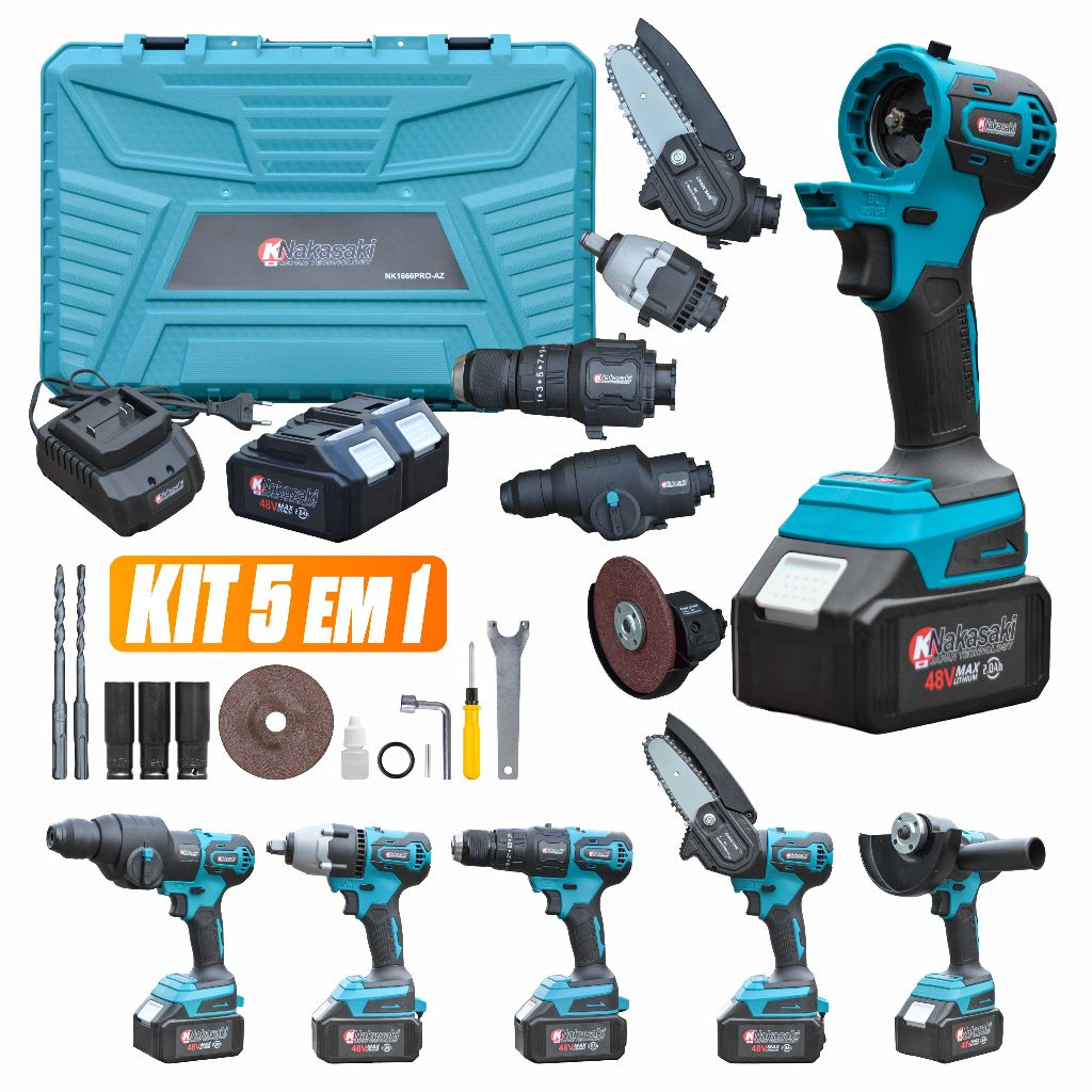 Kit 5 Em 1 Ferramentas A Bateria 48v Nakasaki Brushless Martelete Furadeira Esmerilhadeira Motosserra Chave de Impacto