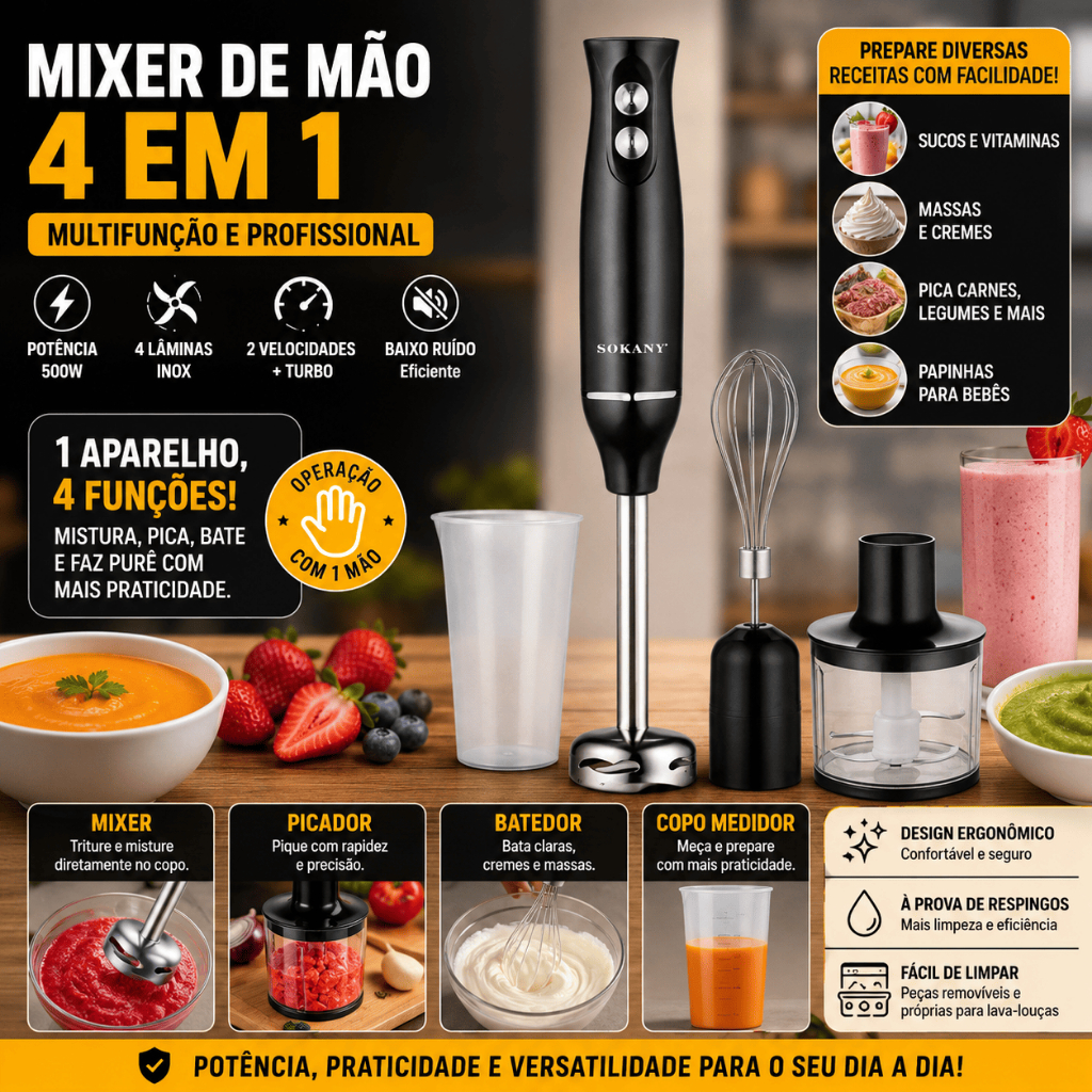 Mixer de Mão 4 em 1 500W Liquidificador Elétrico com Mini Processador Batedor de Ovos 127V