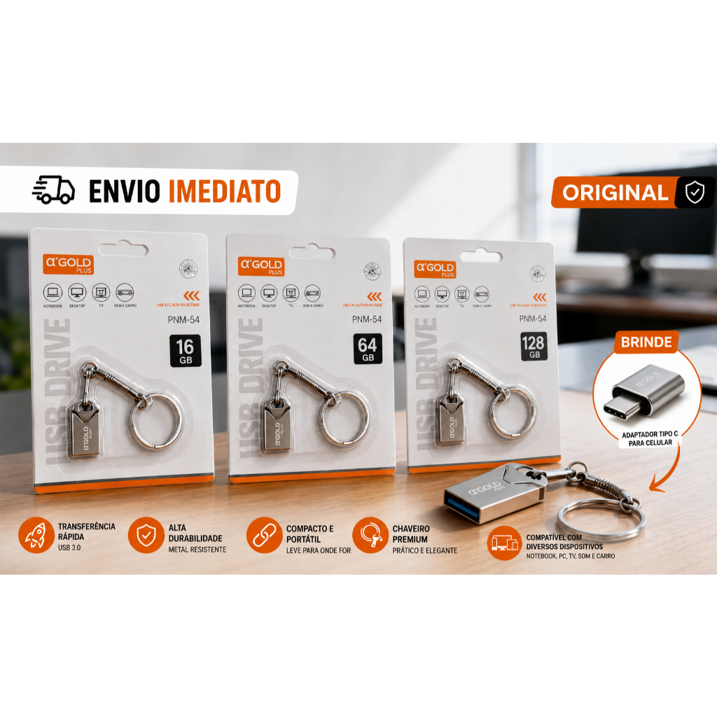 Mini PenDrive 16GB, 64GB e 128GB USB 3.0 Brinde Adaptador TipoC para Celular