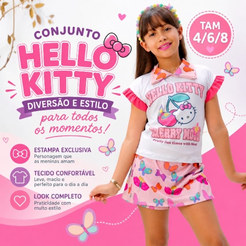 Conjunto Infantil Hello verão/conjunto feminino infantil/ conjunto infantil menina barato/Conjunto Blogueirinha