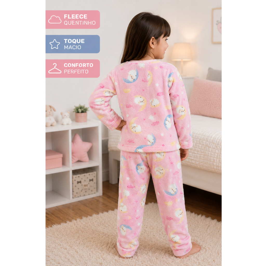 Detalhes do Conjunto Infantil  Fleece Blusa e Calça com Punho Quentinho para o Frio / Pijama