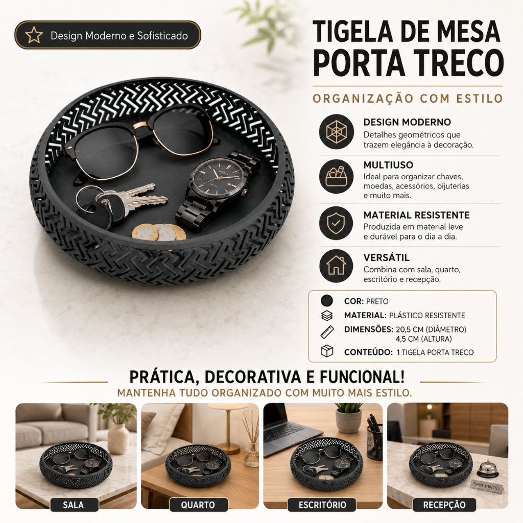Tigela de Mesa Porta Treco Decorativa Organizador Multiuso Preto Geométrico Moderno
