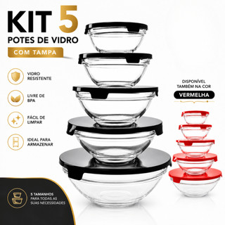 Kit 5 Tigelas Potes De Vidro Redondo Bowl Marmita Com Tampa Armazenamento de Alimentos Cozinha