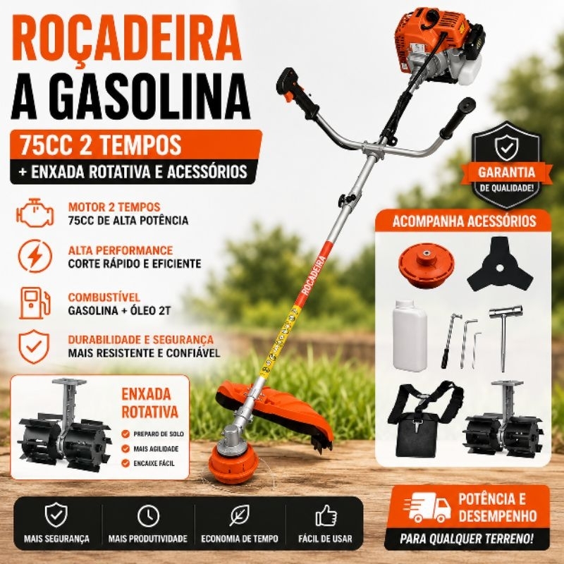 Roçadeira a Gasolina 75cc 2 Tempos + Enxada Rotativa e Acessórios