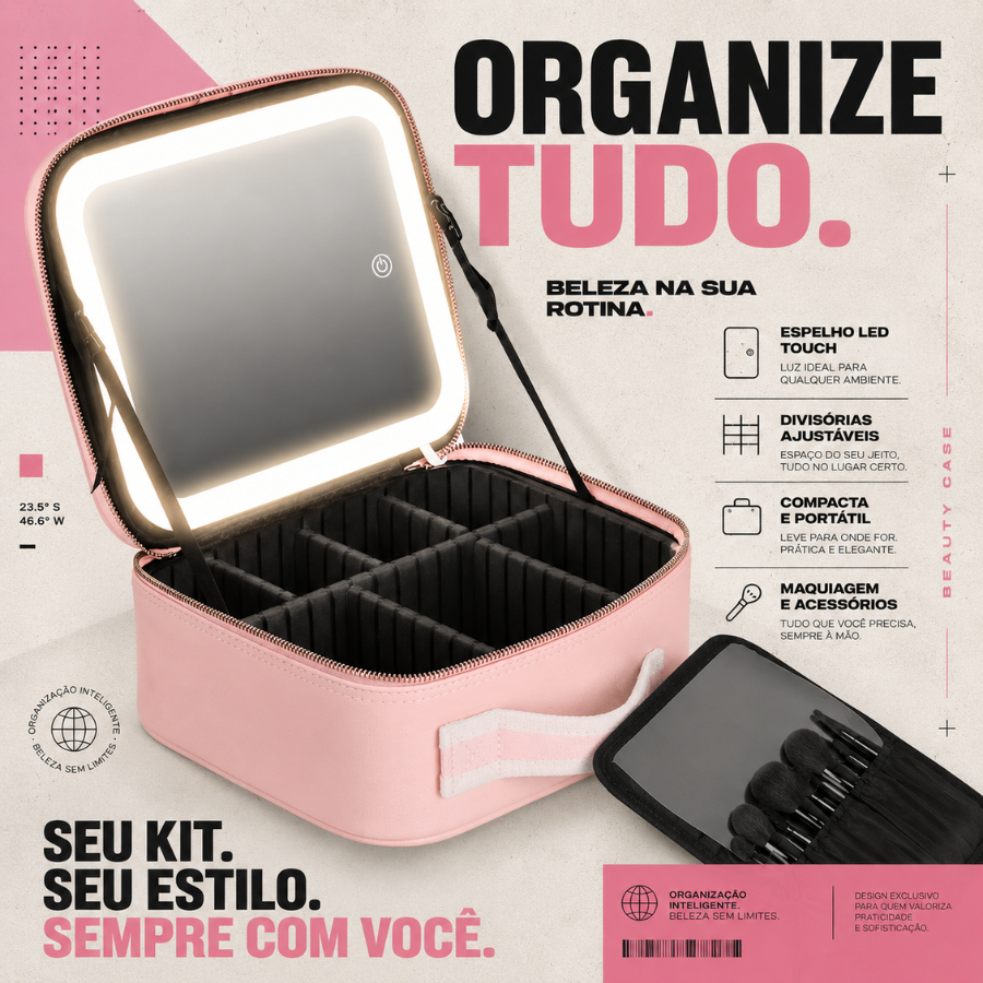 Kit Maleta Maquiagem Completo Profissional Espelho LED Organizador Porta Maquiagem