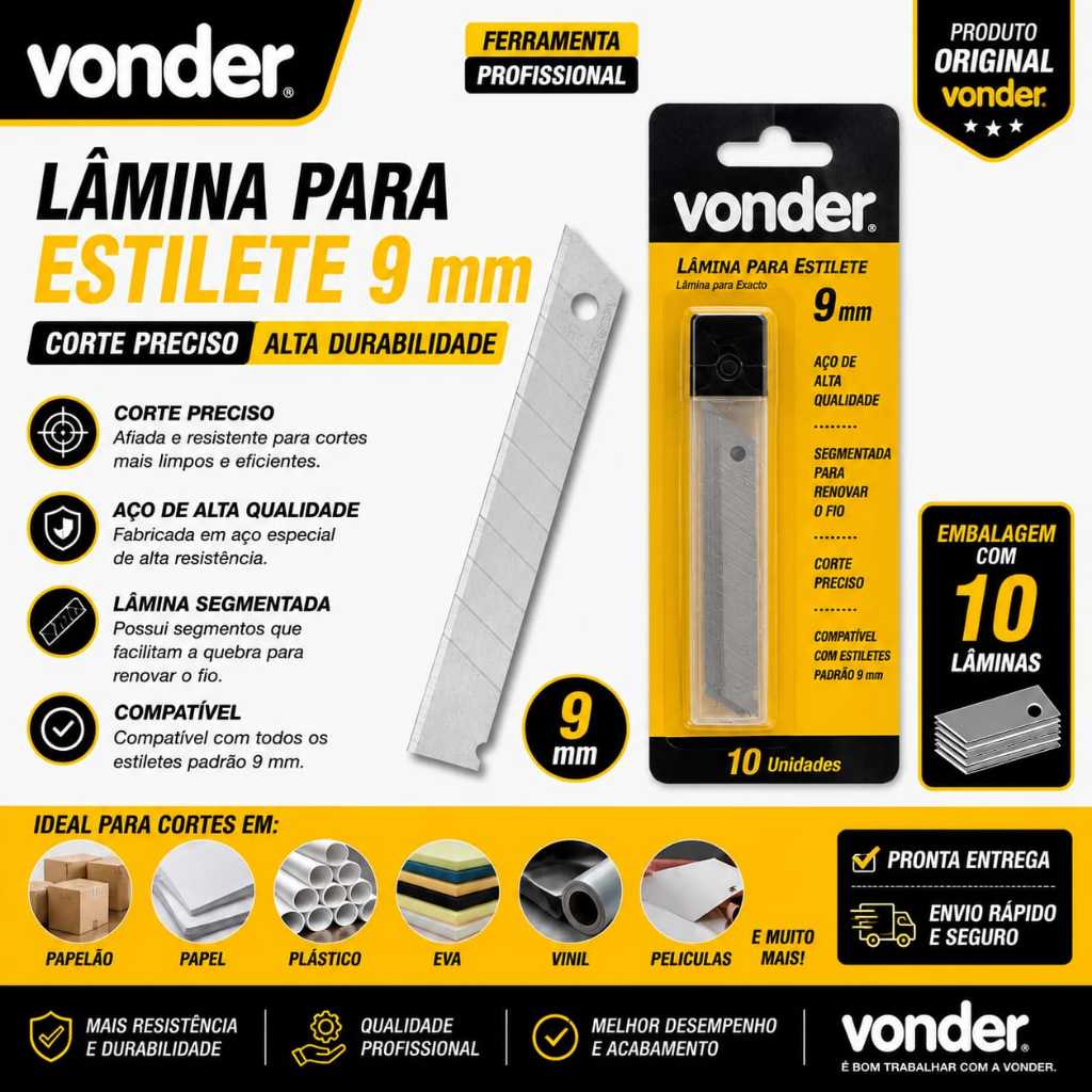 Lâmina para Estilete 9mm Vonder Original Refil C/ 10 Lâminas