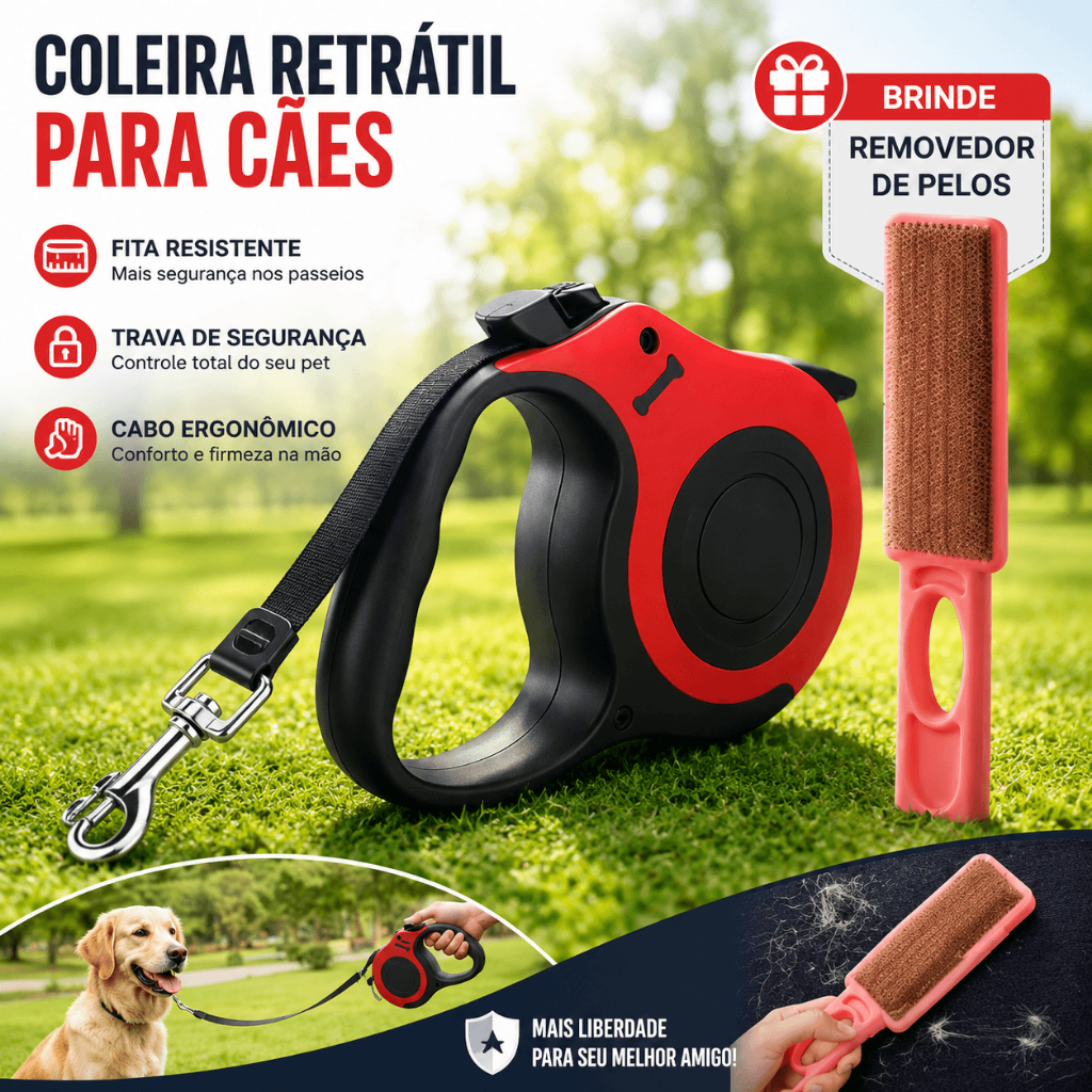 Kit Combo Coleira Guia e Escova Tira pelos PET 5 Metros Cachorro Retrátil Fita Nylon Cão e Gatos