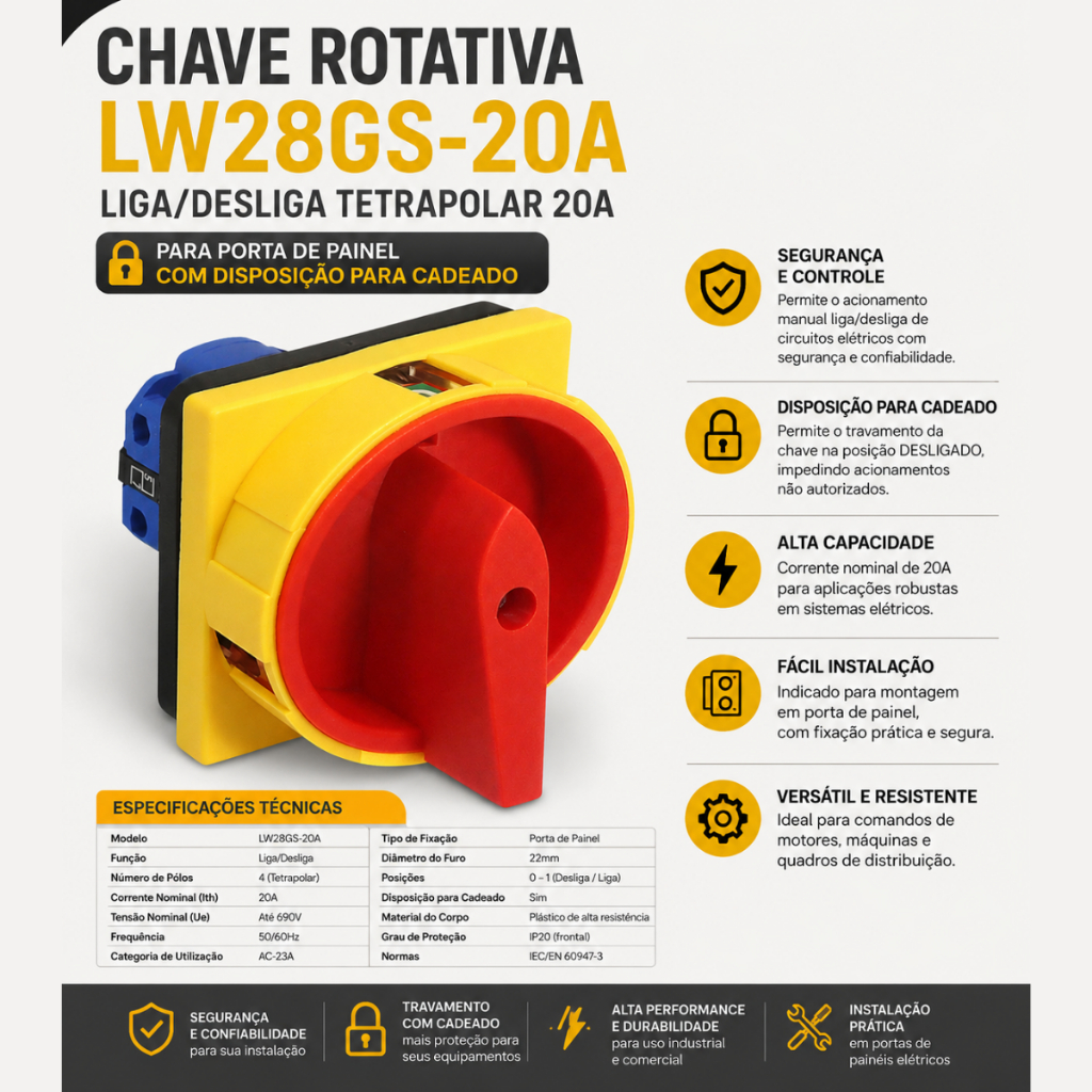 Chave Rotativa LW28GS-20A Liga/Desliga Tetrapolar 20A - Para Porta de Painel Com Disposição para Cadeado