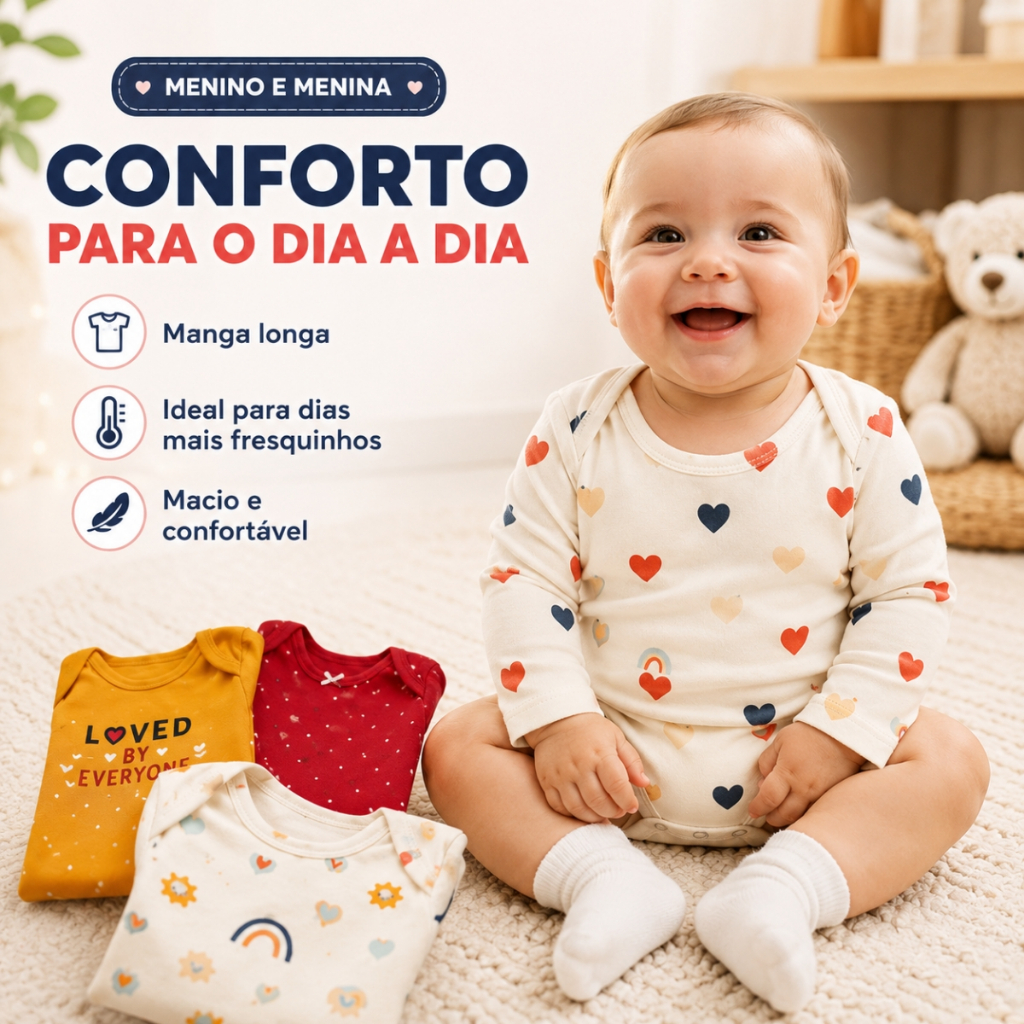 Detalhes do Kit 5 Peças Roupinha Enxoval de Bebê Body Manga Longa Estampado 100% Algodão