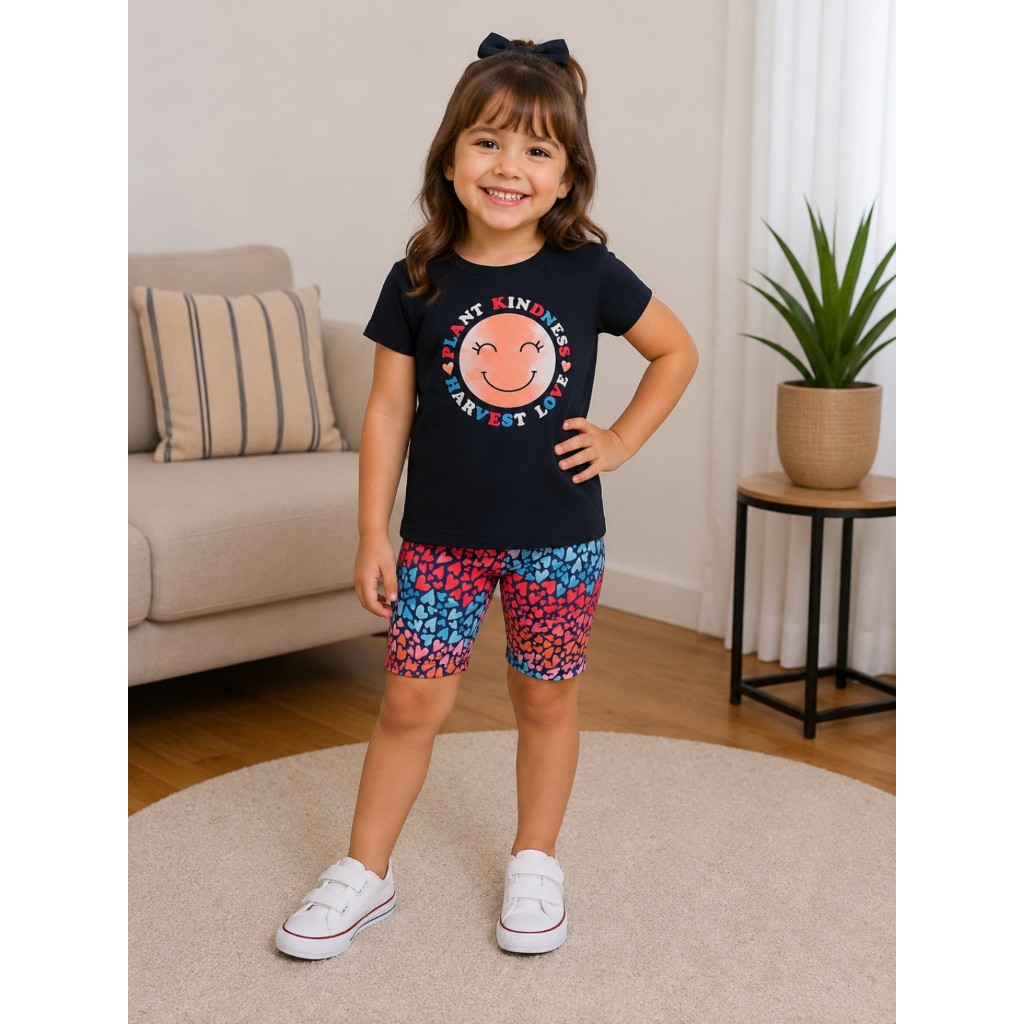Conjunto Infantil Menina Elian Camiseta com Bermuda Ciclista Estampada Corações Verão