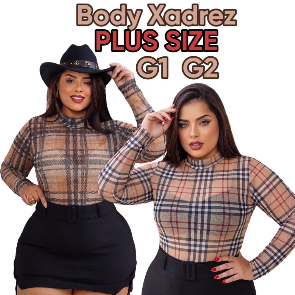 BLUSA BODY XADREZ PLUS SIZE TULE MANGA LONGA LOOK FESTA JUNINA RODEIO FESTIVAL PLUS SIZE 46 A 54