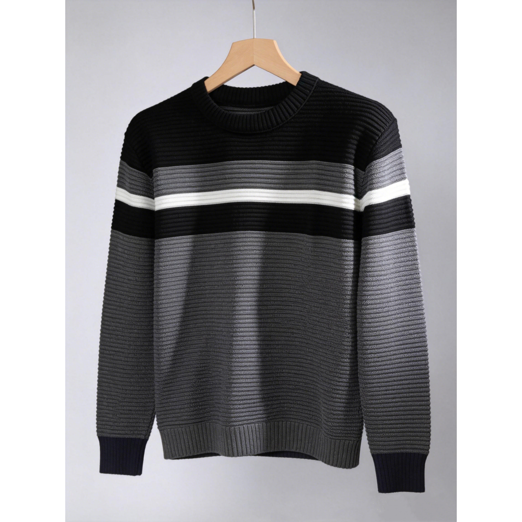 Blusa de Frio Masculina Tricot Manga Longa Suéter Listrado Gola Redonda Tricô Moda Inverno