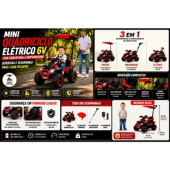 Quadriciclo Elétrico Infantil 6V Com Empurrador e Cobertura Luz Música Certificado Inmetro Vermelho