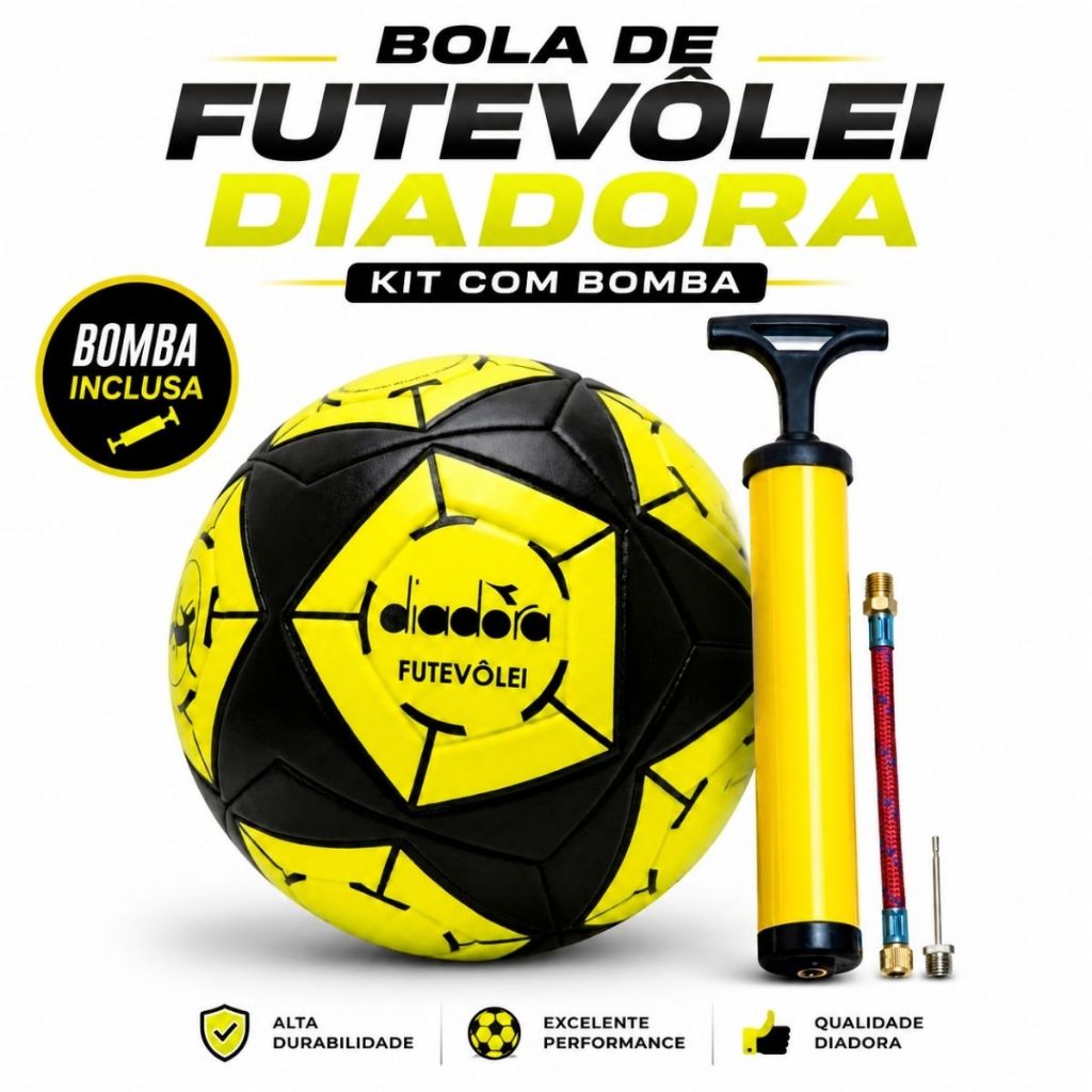 Bola Profissional Futevôlei Diadora Elite‑R Amarela Oficial Praia + Bomba de Ar