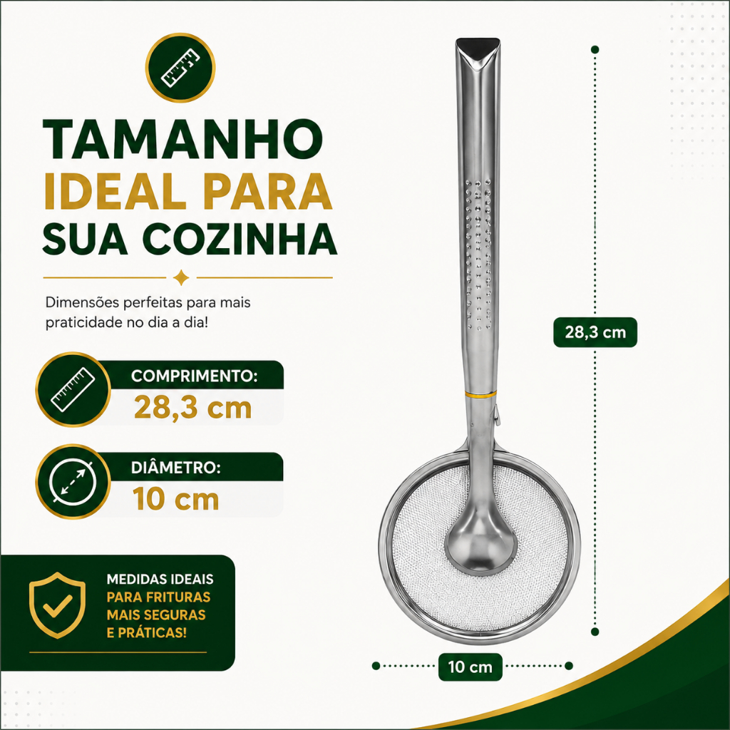 Pegador Escumadeira 28,5cm Inox 2 em 1 com Peneira 1/2/3/4 Coador e Pinça Multiuso para Frituras Massas e Alimentos