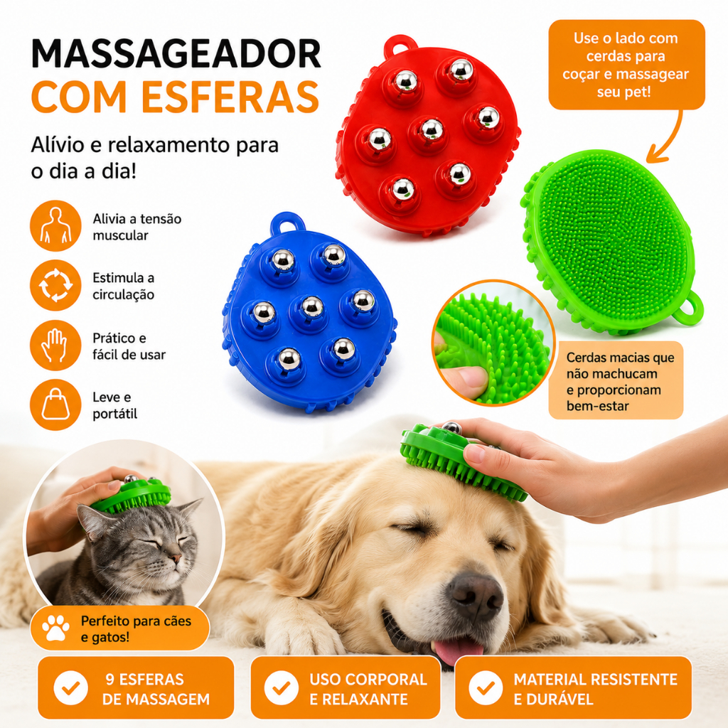 Luva Massageador Esferas Relaxa Alivia Dores Tensão Corporal Coçador de pet e costa