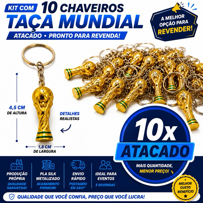 Kit 10 Chaveiros Troféu Copa do Mundo Lembrancinha Brinde Revenda Atacado Futebol Impressão 3D World Cup